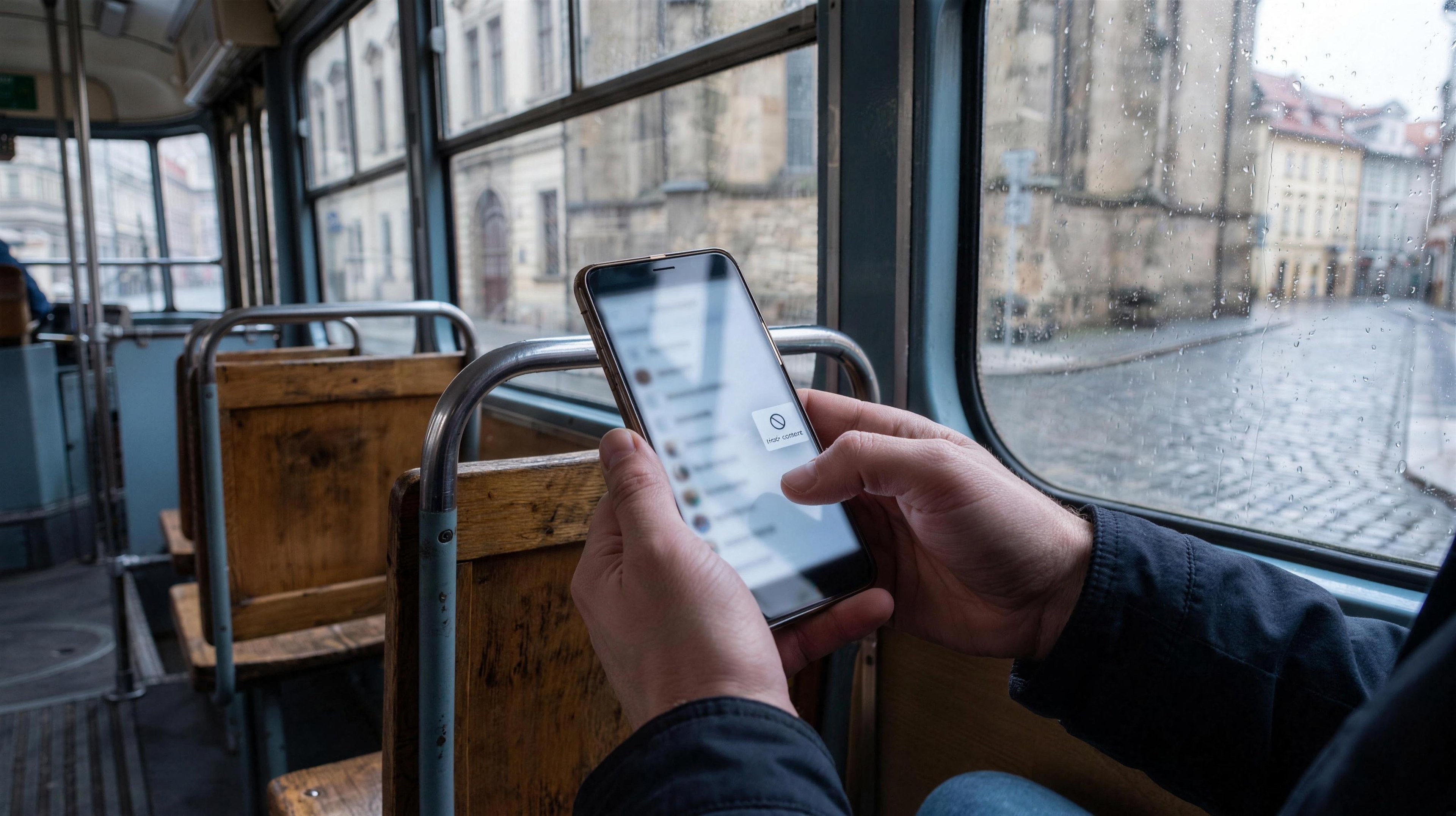 Muž v električke drží telefón a v zozname hovorov sa chystá zablokovať číslo