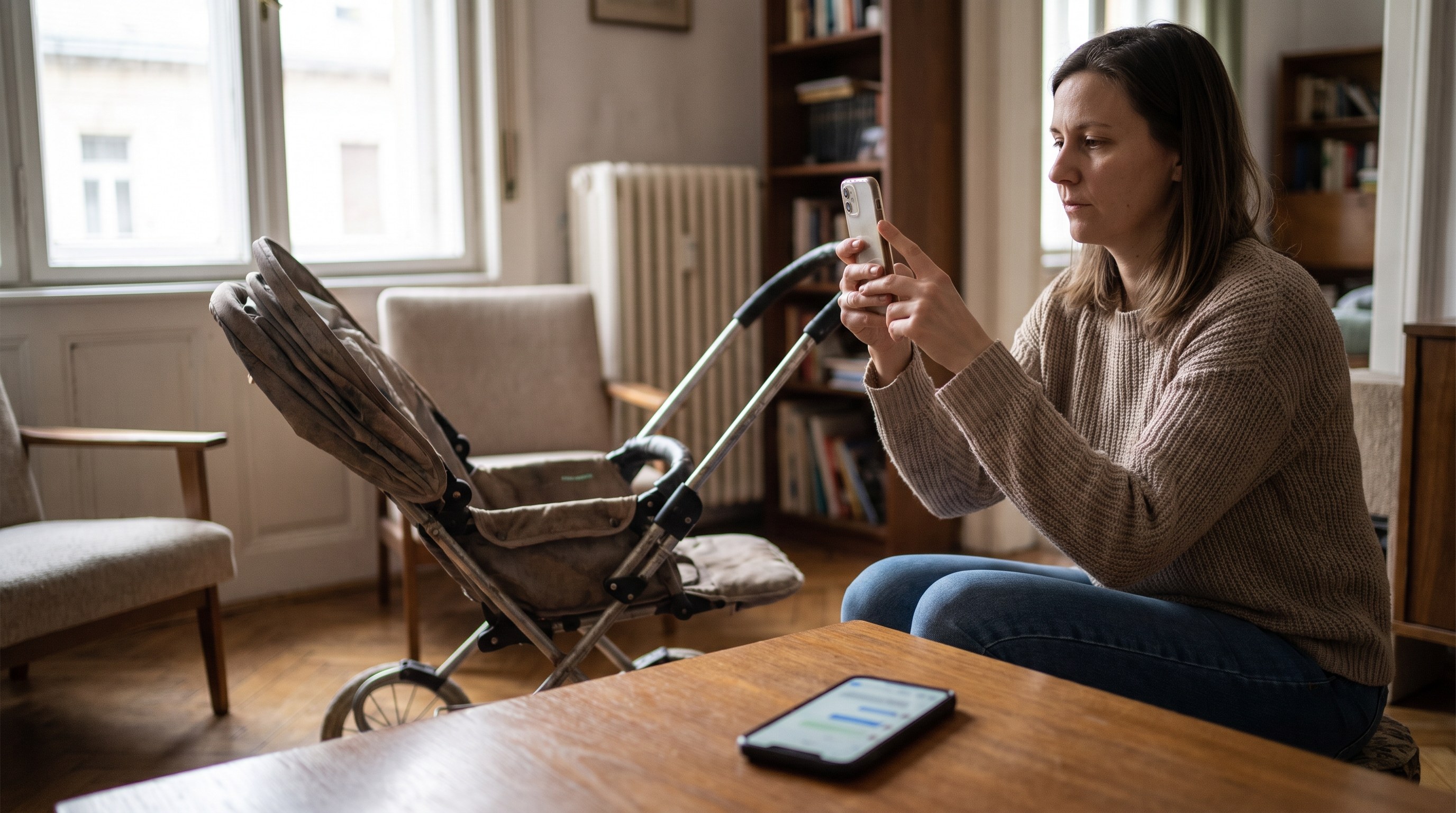 Žena v byte fotí mobilom starší kočík na predaj, na stole pred ňou leží druhý telefón s otvorenou konverzáciou.