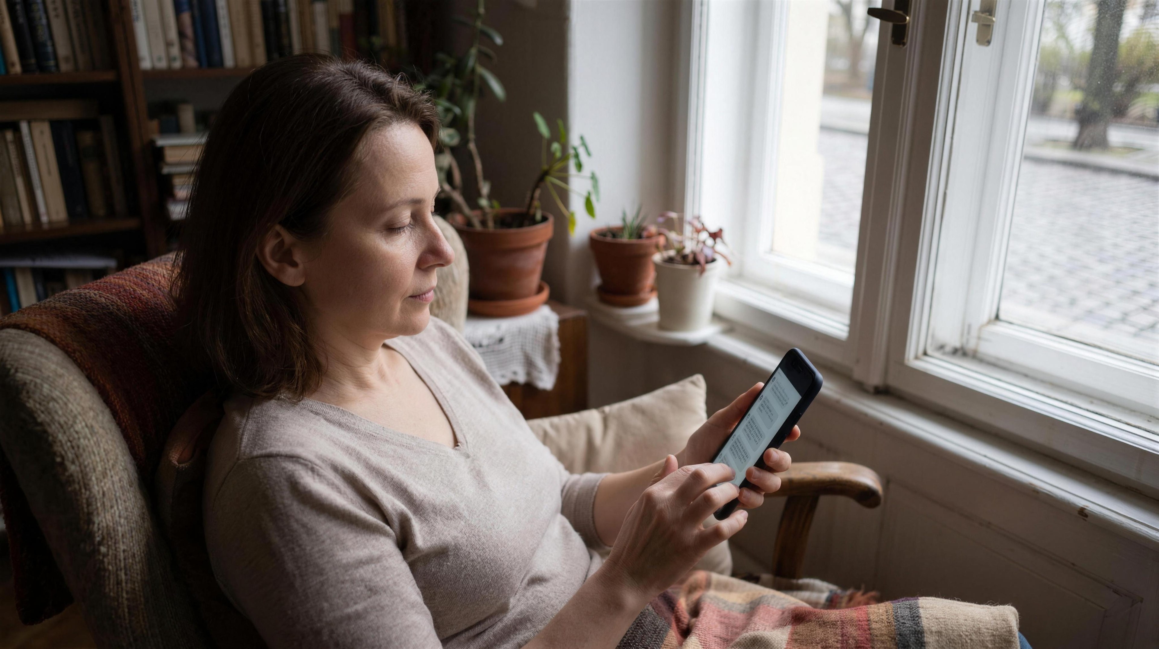 Žena pri okne drží smartfón a s pokojným výrazom prechádza zoznam prijatých textových správ.