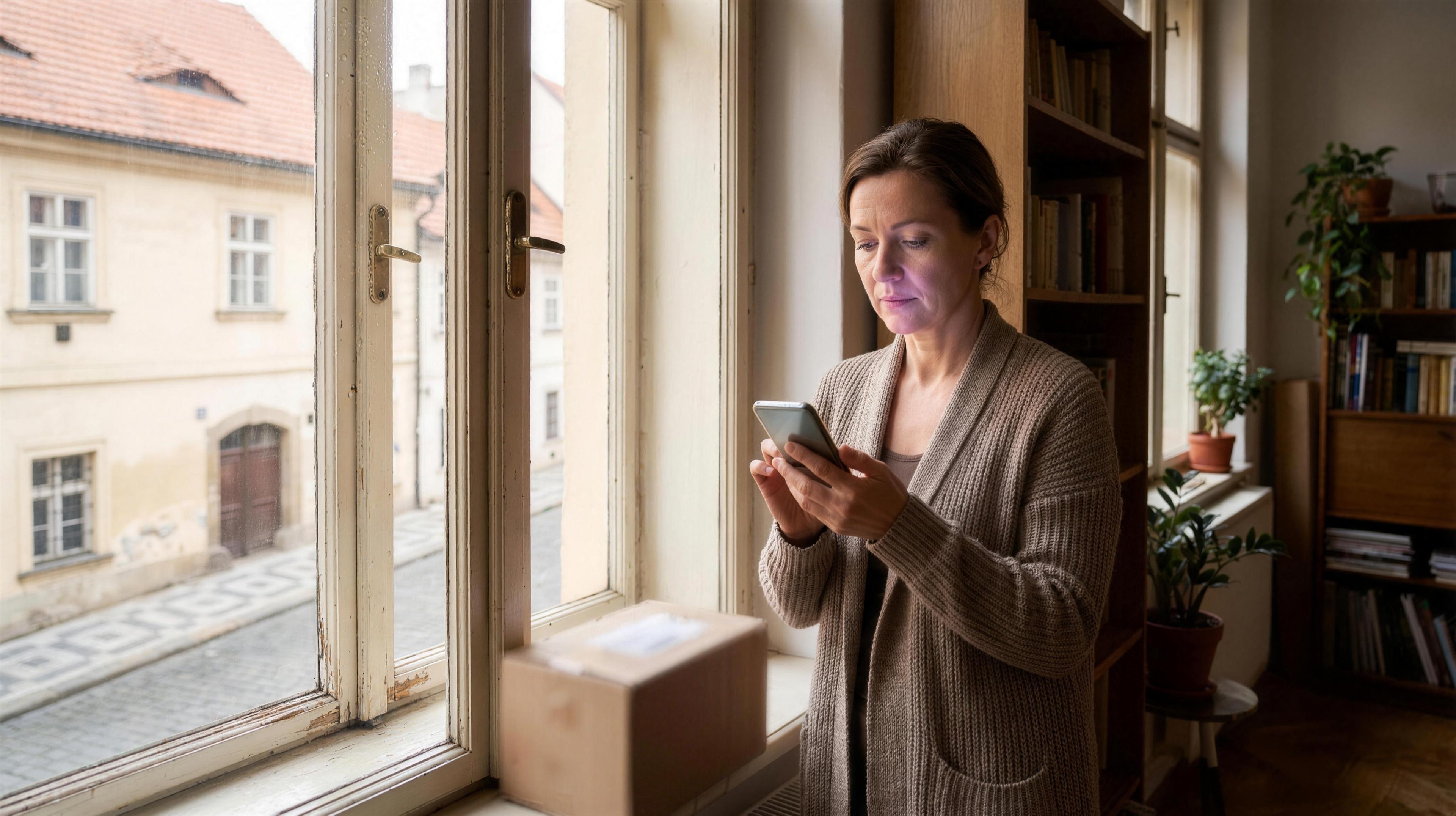 Žena pri okne drží mobilný telefón a zamyslene sa pozerá na displej so správou.