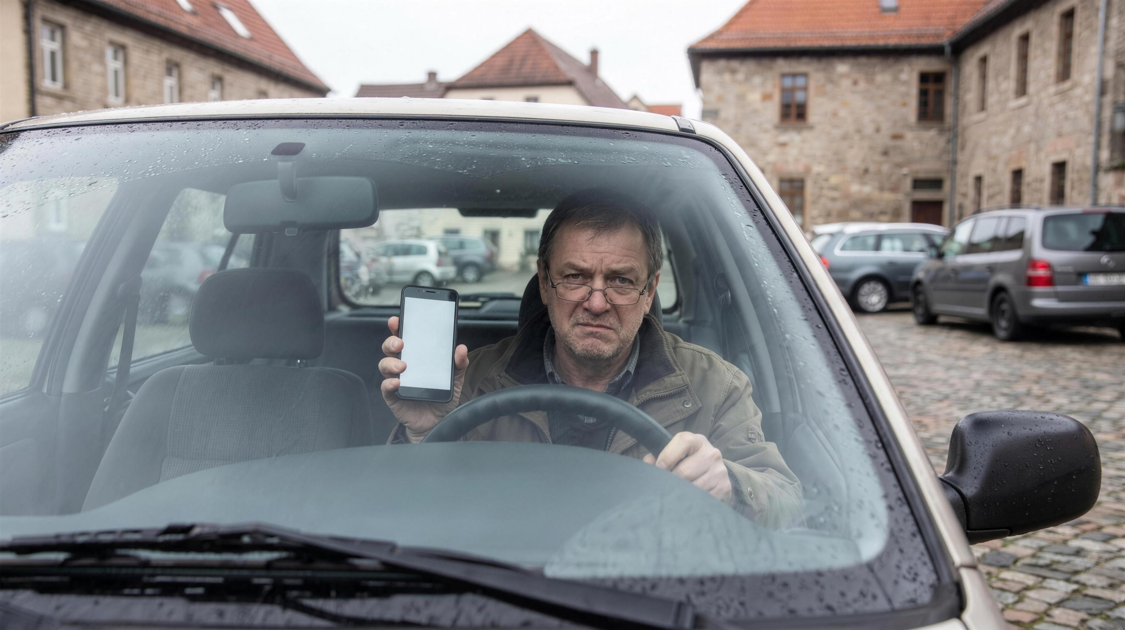 Muž za volantom zaparkovaného auta s nedôverčivým výrazom drží mobilný telefón, v pozadí historické domy a dláždené parkovisko.