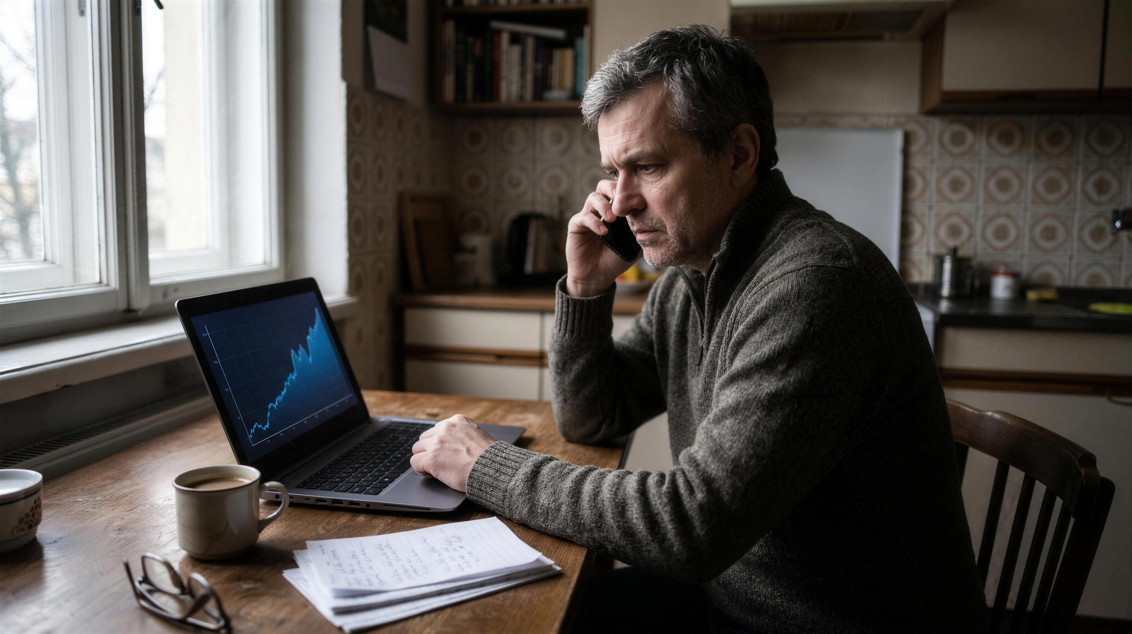 Muž v strednom veku sedí pri kuchynskom stole s notebookom a telefónom v ruke a zamyslene hľadí na obrazovku.